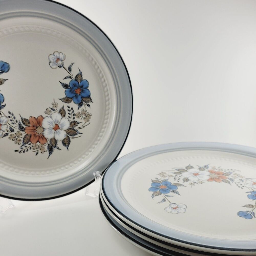Haviland Crowning Blue Bouquet Stoneware Dinner Plates Set of 4 Vtg Blue 10.75